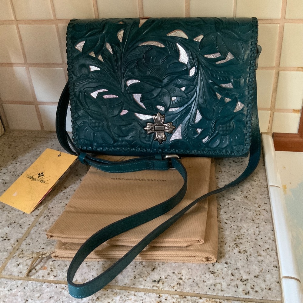 Patricia Nash Teal Tooled Leather Crossbody Bag